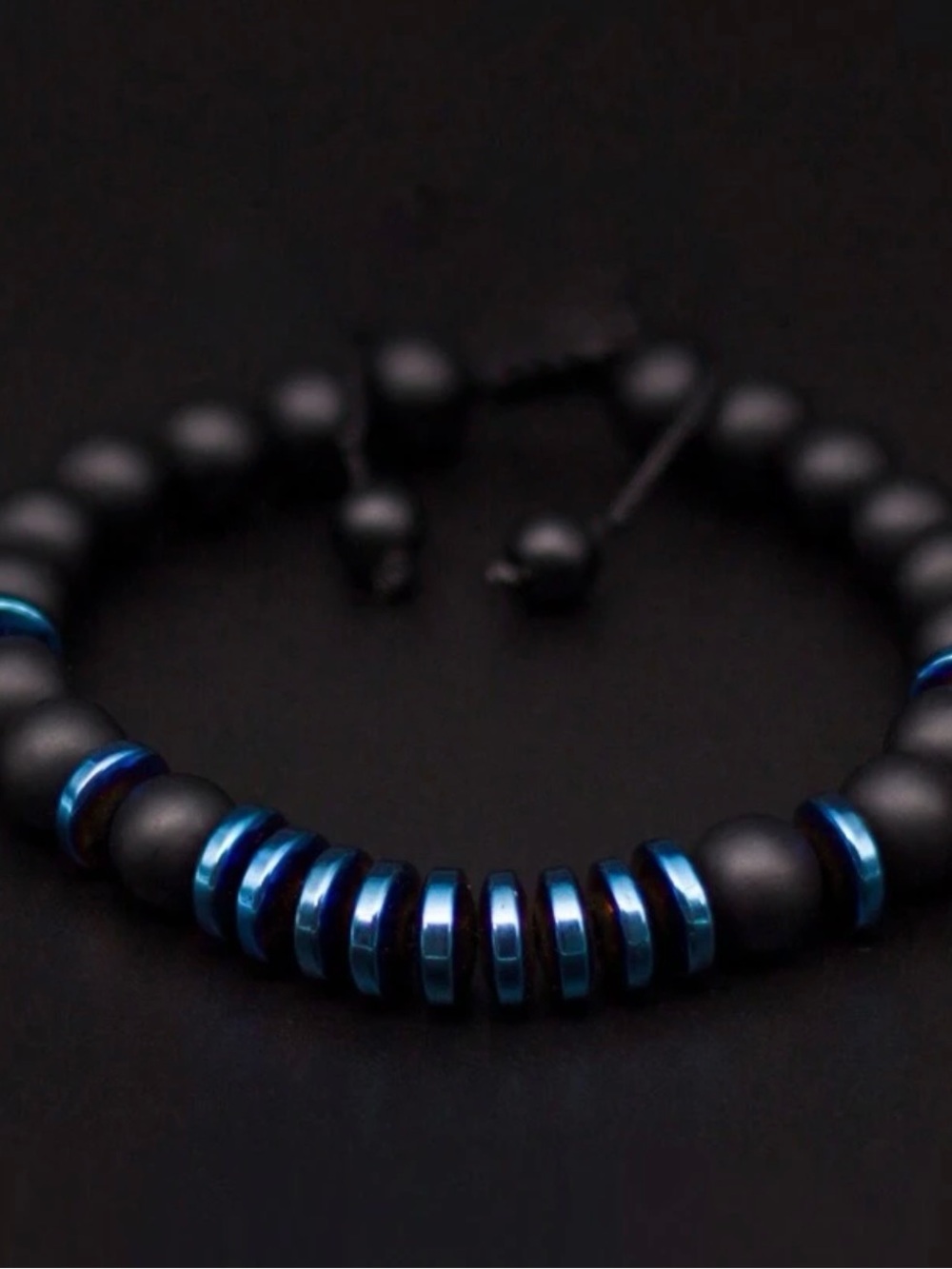 MENS Adjustable Matte Black Bead Bracelet with Blue Accent Discs